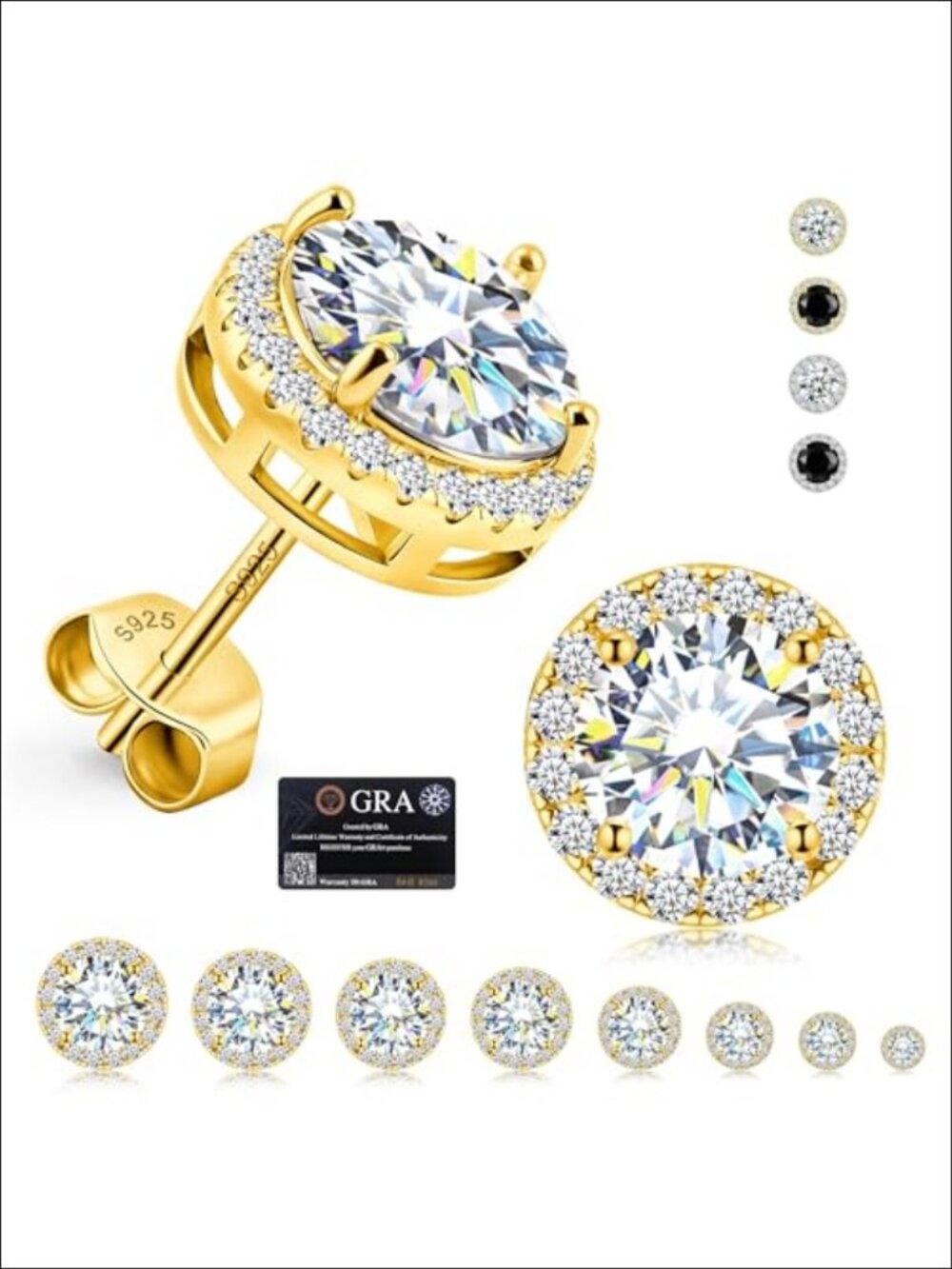 Moissanite Halo Stud Earrings 925 Sterling Silver 18K Gold Plated Push Back